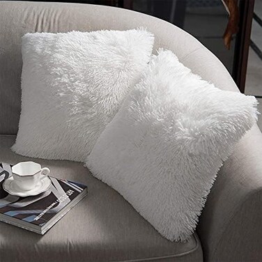 NordECO HOME Luxury Soft Faux Fur Fleece Cushion Cover Pillowcase Decorative Throw Pillows Covers, No Pillow Insert, 20" x 20" Inch, White, 2 Pack.