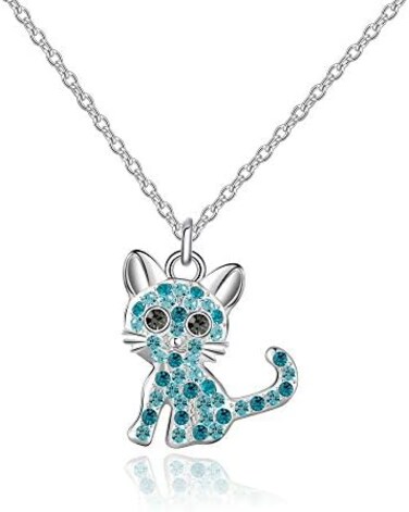 luomart Girls Cat Birthstone Necklaces Jewelry,Silver Plated Kitty Dog Pendant Gifts Set for Women Boys Men, Rhinestone, rhinestone,.
