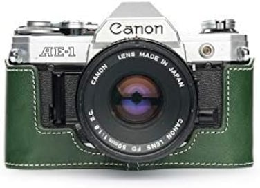 حقيبة BolinUS A-1، حقيبة نصفية مصنوعة يدويًا من الجلد الطبيعي لكاميرا Canon AE-1 A-1 (بدون مقبض) مع حزام يد (أخضر).