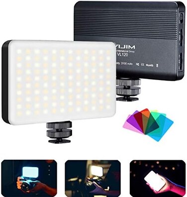 مصباح فيديو LED من VIJIM VL120 للكاميرا، مصباح إضاءة تصوير فوتوغرافي صغير قابل لإعادة الشحن 120 مصباح LED، ثنائي اللون قابل للتعتيم 3200K-6500K، CRI95، بطارية مدمجة 3100 مللي أمبير لكاميرات DSLR من Ca