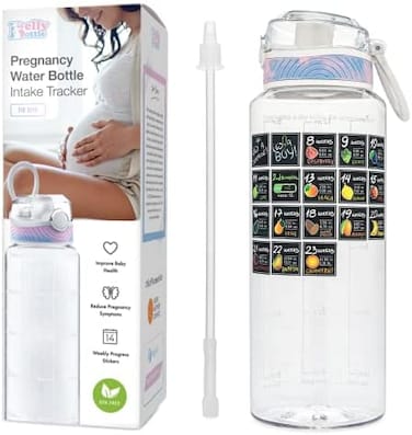 BellyBottle Pregnancy Water Bottle Tracker &ndash; Pregnancy Must Haves First Trimester &ndash; Pregnancy Gifts for Expecting Mom &ndash; Pregnancy Essentials Nausea Relief &ndash; Weekly StickersStrawBPA Free &ndash; Tidye.