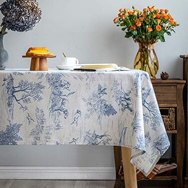 GLORY SEASON Rustic Tablecloth Classic French Village Printed Linen Fabric Table Cover Farmhouse Decoration 55x120 Inches Rectangle/Oblong Blue for Kitchen Dining.
