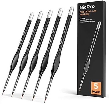 Nicpro Detail Paint Brushes 5 PCS Extra Fine Tip 000 Professional Miniature Painting Artist Set Round 3/0 for Micro Watercolor Oil Acrylic Craft Models Rock Army Paint by Number for Adult, Black.