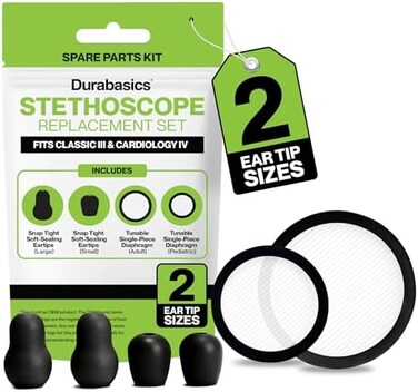 Durabasics Stethoscope Replacement Parts Kit Compatible with Littman Stethoscope Replacement Parts Kit - Fits Classic III, Cardiology IIIIV - 2 Size Ear Tips for Optimal Comfort - Black.