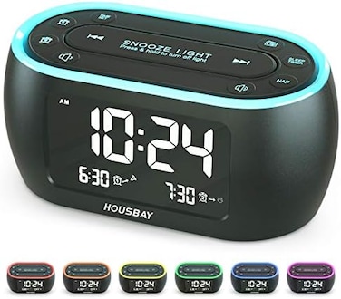 HOUSBAY Glow Small Alarm Clock Radio for Bedrooms with 7 Color Night Light, Dual Alarm, Dimmer, USB Charger, Battery Backup, Nap Timer, FM Radio with Auto-Off Timer for Bedside.