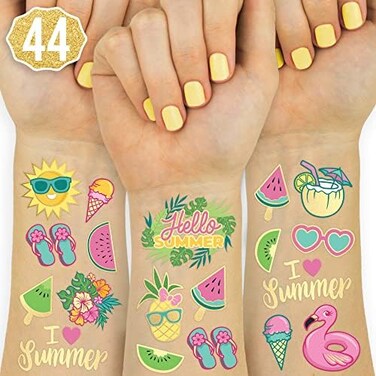 xo, Fetti Summer Pool Party Temporary Tattoos for Kids - Glitter stylesBirthday Party Supplies, Beach Party FavorsTropical Decor.