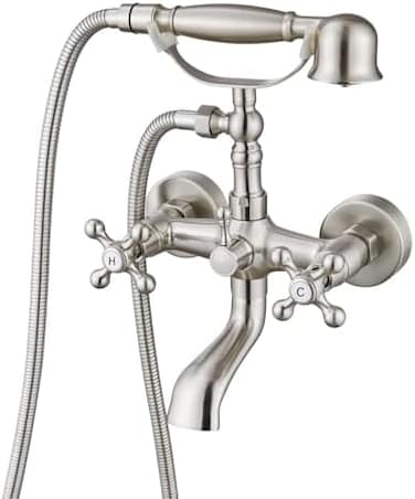 gotonovo Wall Mount Clawfoot Bathtub Faucet with HandHeld Spray and 360 Double Cross Handle Swivel Spout Vintage Tub Shower Faucet Set with Adapter Adjustable Swing Arms Brushed Nickel.