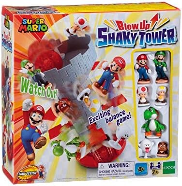 Epoch Games Super Mario Blow Up. Shaky Tower Balancing Game, Tabletop Skill and Action Game with Collectible Super Mario Action Figures.