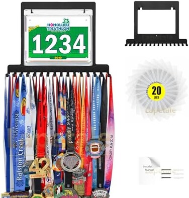 Lapetale Fashion Bib Vinyls Medal Hanger Display,Medal Holder with Bib Vinyls Hooks,Easy to Use,Medal Holder for Wall,Cheer Medal Holder Display 60 Medals and 30 Race Bibs-20 Vinyls Bonus.