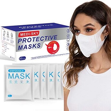 Medi-sky 3D Disposable Mask for Adults, Elastic Cloth Ear Straps Breathable Face Mask Individual Package 50pcs White.