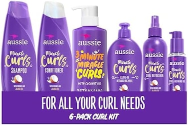 Aussie Miracle Curls Set: Shampoo, Conditioner, Deep Hydration, Spray Gel, Detangling Milk, and Oil Hair Treatment, Curl Oil, CoconutJojoba, Frizz Control, 6 Pieces.