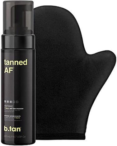 B.TAN b. tan dark self tanner kittanned af* bundle - dark self tanner mousse with self tanning mitt applicator, 100% natural sunless tanner, fast self tan, no fake tan smell.