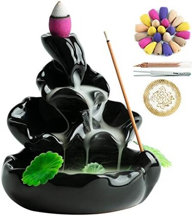 VVMONE Cute Ceramic Backflow Incense Holder Waterfall Incense Burner with 48 Incense Cones and 30 Incense Stick, Incense Fountain for Home Decor, Desk Decor(Black.