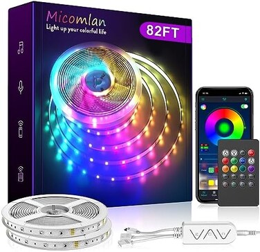 Micomlan Music Sync Color Changing 5050 RGB LED Strip Lights (82ft/25m,3 Button, App, Remote, Mic.