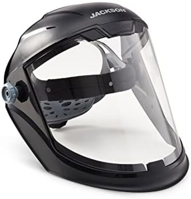 Jackson Safety Lightweight MAXVIEW Premium Face Shield with Ratcheting Headgear, Clear Tint, Uncoated, Black, 14200 (Remove Protective Film Before Use.