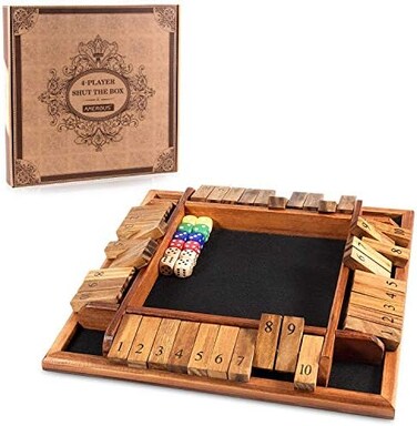 AMEROUS 1-4 Players Shut The Box Dice Game, Wooden Board Table Math Game with 12 Dice and Shut-The-Box Instructions for Kids Adults, Family Classroom Home or Pub (12 Inches.