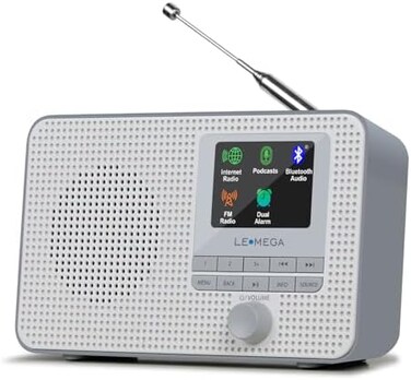 LEMEGA IR1 Portable WiFi Internet Radio, FM Digital Radio, Bluetooth, Dual Alarms Clock,Sleep Snooze Timer,40 Presets,Headphone-Output, Colour Display,Batteries or Mains Powered &ndash; Grey Finish.