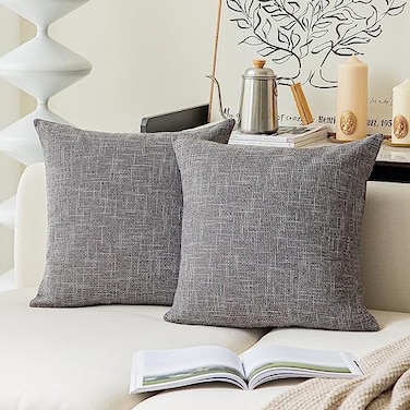 أغطية وسائد K KEVIN TEXTILE، أغطية وسائد زينة، غطاء وسادة مربع من الكتان، 26 بوصة × 26 بوصة / 66 سم × 66 سم، غطاء وسادة رمادي داكن بنمط ريفي، عبوة من قطعتين.