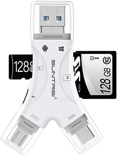 SUNTRSI 4 in 1 Micro SD Card Reader for i-Phone i-pad, SD Memory Card Reader for Mac Android Computer PC OS Desktop Laptop, Portable Trail Camera Card Viewer, Compatible with TF and SD Card, Plug and