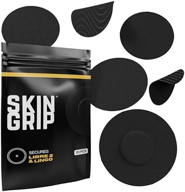لصقات Skin Grip CGM لجهاز Freestyle Libre (عبوة من 20 قطعة، مقاومة للماء والعرق لمدة 10-14 يومًا، شريط لاصق مقطوع مسبقًا، حماية جهاز مراقبة الجلوكوز المستمر (أسود).