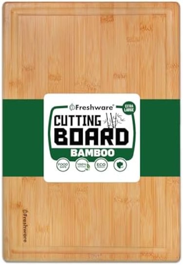 Freshware Bamboo Cutting Boards for Kitchen with Juice Groove [Extra-Large] Wood Cutting Board for Chopping Meat, Vegetables, Fruits, Cheese, Knife Friendly Serving Tray with Handles, 18 x 12. 5-inch.