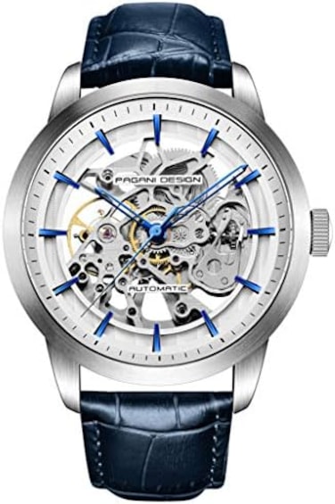 Pagani Design Automatic Mens Watches Skeleton Mechanical Wrist Watch for Men Waterproof Genuine Leather Watchband Luxury Self-Winding Stainless Steel Analog Watch for Men Collection (blue silver.