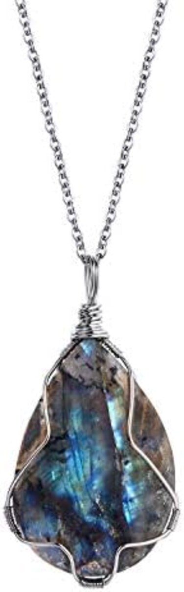 KISSPAT Natural Labradorite Crystal Stone and Spiral Ammonite Fossil Healing Charm Pendant Necklace Conch Shell Fibonacci Jewelry for Women and Girls.