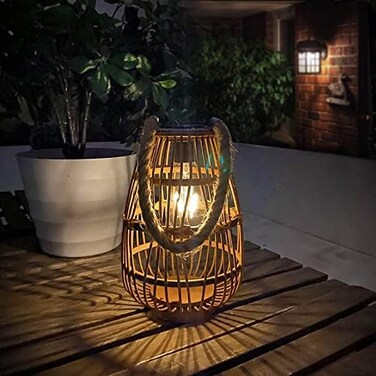pearlstar Outdoor Solar Lanterns Light Rattan Natural Lantern with Handle for Hanging or Table Lamp for Patio Yard Garden Wedding Home Decoration, Edison Bulb, Auto on/Off(Style 1.