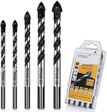 TITGGI Concrete Drill BitMasonry Drill Bit Set, Professional Drill Bit Set (5PCSfor Glass/Brick/Plastic/Cement/Wood/Tile/Etc, Industrial Strength Carbide Drill Bit Tip, 1/4"-1/2".