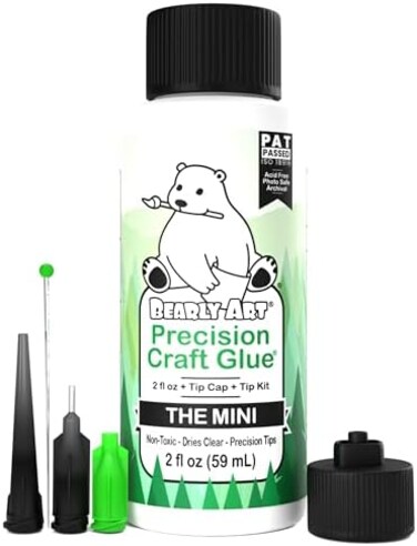 Bearly Art Precision Craft Glue - The Mini - 2fl oz with Tip Kit - Dries Clear - Non-Toxic - Metal Tip - Wrinkle Resistant - Flexible and Crack Resistant - Strong Hold Adhesive - Made in USA.