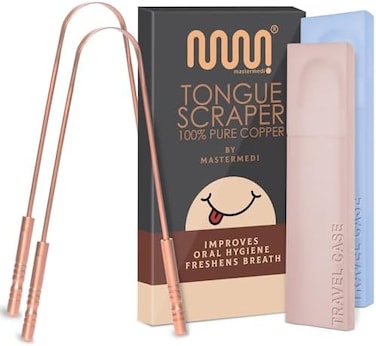 MasterMedi Tongue Scraper with Case Easy to Use Tongue Scraper for Adults, Tongue Cleaner for Oral CareHygiene (Copper Set of 2 (with Travel Case.