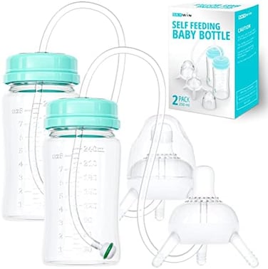 Skywin TidyFriend Self Feeding Baby Bottle 8oz Bottle Holder for Baby - 2 Pack Baby Bottle with Straw, Anti Colic, for Convenient Feeding (Green.