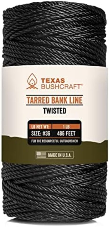 Texas Bushcraft Tarred Bank Line Twine -36 Black Nylon String for Fishing, Camping and Outdoor Survival &ndash; Strong, Weather Resistant Bankline Cordage for Trotline and Marine Thread (1 lb, Twisted.