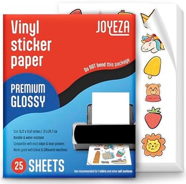 JOYEZA Premium Printable Vinyl Sticker Paper for Inkjet Printer - 25 Sheets Glossy White Waterproof, Dries Quickly Vivid Colors, Holds Ink well - InkjetLaser Printer - Pack may Vary.
