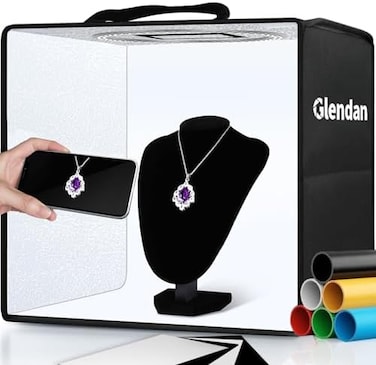 صندوق إضاءة استوديو التصوير المحمول من Glendan، طقم خيمة تصوير احترافي قابل للتعتيم مقاس 12 بوصة × 12 بوصة مع 112 مصباح LED و6 خلفيات لتصوير المجوهرات والمنتجات الصغيرة.