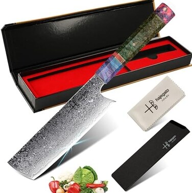 hajegato Damascus Chef Knife Unique One of Kind Handle Professional Japanese Chefs Kitchen Knife Vg10 67 Layers Damascus Steel Knive (Nakiri 7".