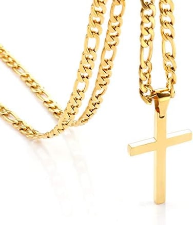 CaptainSteeL Cross Necklace for Men - Stainless Steel Silver/Gold Plain Cross Pendant Necklace Simple Jewelry Gifts, 24 Inches 3:1 Figaro Link Chain 4/5/6mm Width.