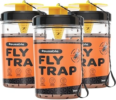 SEWANTA Fly Traps Outdoor [Set of 3] with Dissolvable Non-Toxic Bait - Reusable Hanging Bug Catcher Killer for All Flies for Outside Bug Control Patios, Barns, Ranches Etc. Hanging Fly Traps with Tie