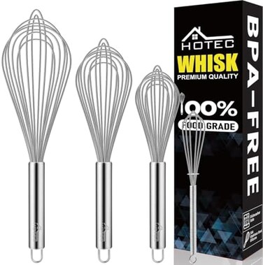HOTEC 4 Pieces Stainless Steel Whisks Set Wire Whisk Balloon Whisk Egg Beater Kitchen Utensils for Stirring, Beating, Blending.