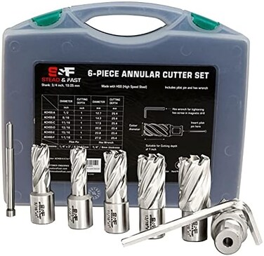 S&amp;F STEAD &amp; FAST SF STEADFAST Annular Cutter Set 6 Pcs, Weldon Shank 3/4&rdquo;, Cutting Depth 1&rdquo;, Outside Diameter 1/2 to 1-1/16 Inch, Mag Drill Bits Kit for Magnetic Drill Press.