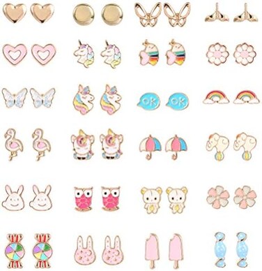 TAOMOCO 24 Pairs Hypoallergenic Stud Earrings Set for Girls Sensitive Ears With Stainless Steel Post Colorful Cute Earrings for Girls Women.