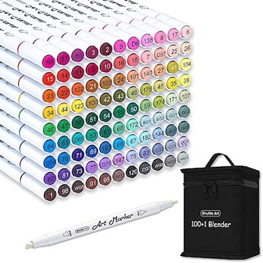 Shuttle Art 101 Colors Dual Tip Alcohol Based Art Markers,100 Colors plus 1 Blender Permanent Marker Pens Highlighters with Case Perfect for Illustration Adult Coloring Sketching and Card Making.