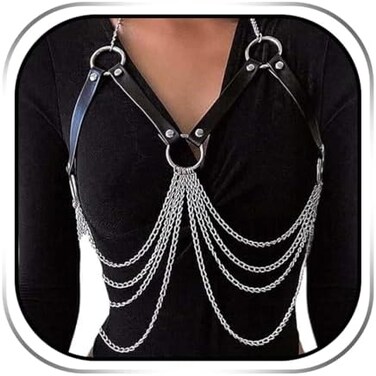 REETAN Chest Harness Body Chain Fashion Goth Leather Rave Belt for Women, 1 Count (Pack of 1, Leather.