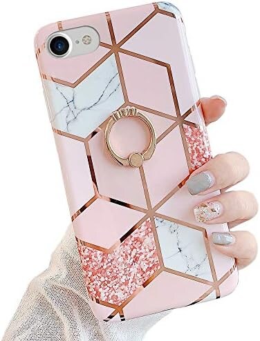 جراب Qokey متوافق مع iPhone SE 2020، متوافق مع iPhone 7/8، غطاء أنيق ولطيف من الرخام مقاس 4.7 بوصة للنساء والفتيات، مزود بحلقة دوارة 360 درجة وحامل، غطاء TPU ناعم مقاوم للصدمات، شبكة لامعة.