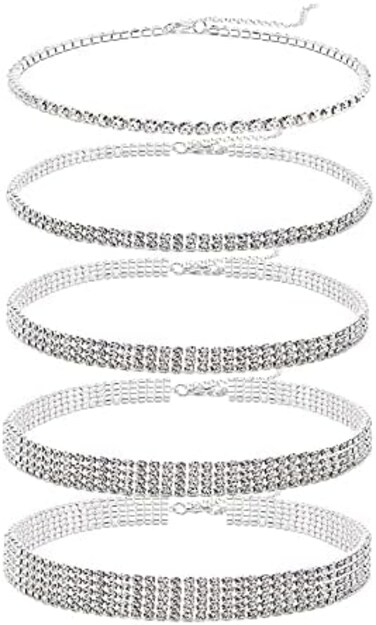 Cryshimmer 5 Pieces Silver Rhinestone Choker Necklaces for Women Dainty Diamond Choker Crystal Choker Necklaces Set Bridesmaid Jewelry.
