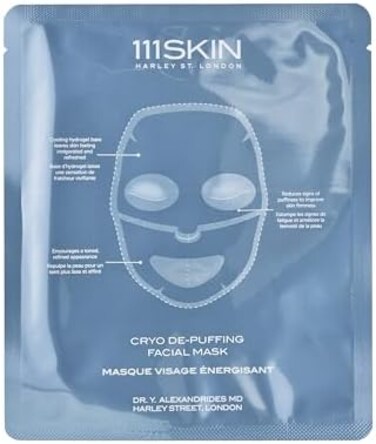 قناع الوجه 111SKIN Sub-Zero De-Puffing Energy Facial Mask خالٍ من العطور يشد البشرة، ويزيل الانتفاخ، وينعش البشرة، ويحتوي على الببتيدات والكافيين. مجموعة من 5 أقنعة (1 أونصة لكل منها).