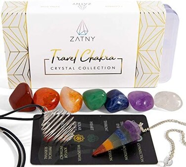 ZATNY Travel Chakra Crystals and Healing Stones Collection - 7 Chakra Set Tumbled Stones, Chakra Pendulum, Interchangeable Cage Necklace, Reference Card, Portable Case, Ebook.