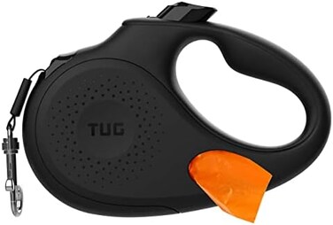 طوق كلاب TUG بيضاوي الشكل قابل للسحب بزاوية 360 درجة وخالٍ من التشابك مع موزع أكياس نفايات مدمج (متوسط، أسود).