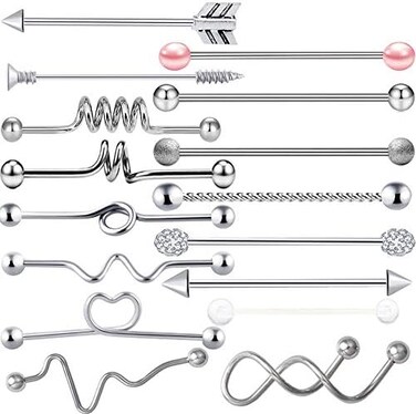 TIANCI FBYJS 14-16pcs 14G Stainless Steel Industrial Piercing Barbell Earring Cartilage Body Jewelry 38mm 11/2 Inch Industrial Piercing Bar for Women Men Snake Chain Dangle, Metal, agate.