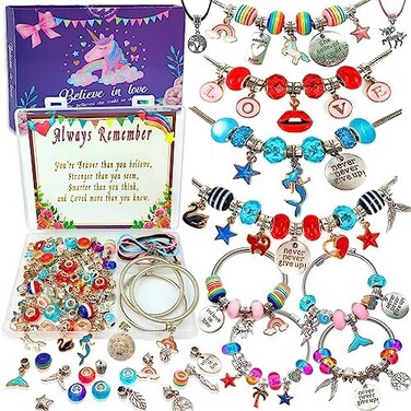 klmars Charm Bracelet Making Kit,Jewellery Making Supplies Beads,Unicorn/Mermaid Crafts Gifts Set for Girls Teens Age 8-12.
